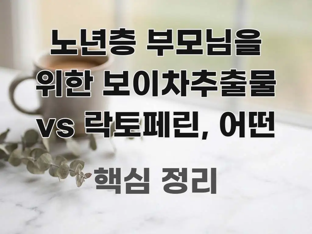 노년층 부모님을 위한 보이차추출물 vs 락토페린, 어떤 핵심 내용을 정리한 심플 타이포그래피 표지