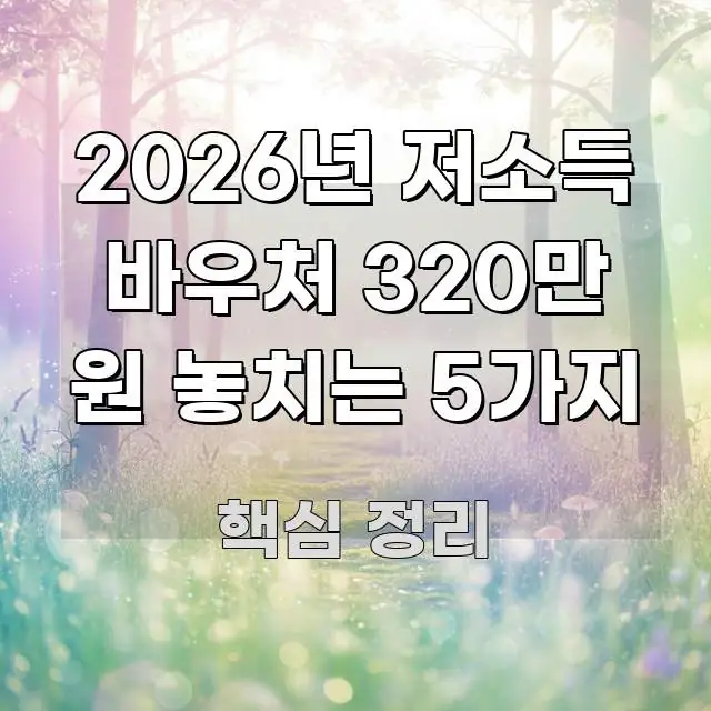2026년 저소득 바우처 320만 원 놓치는 5가지 핵심 정보를 압축한 블로그용 카드뉴스 썸네일 - 글 흐름을 돕는 시각 자료
