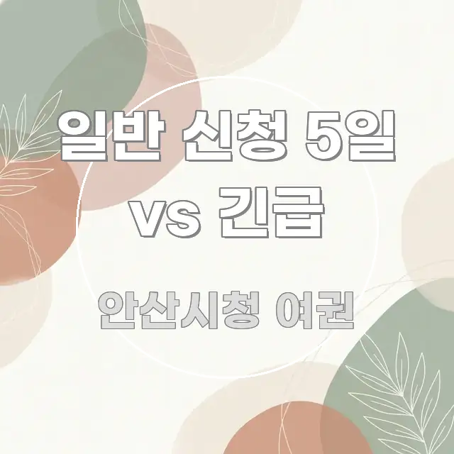 일반 신청 5일 vs 긴급 핵심 요약 일반 신청 5일 vs 긴급 검증된 정보로 구성된 심플 타이포그래피 표지 - 본문 내용과 연관된 이미지