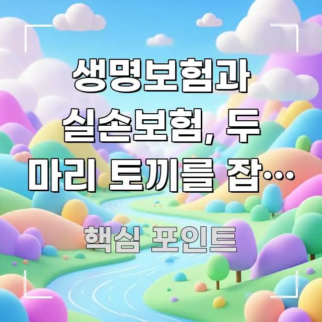 생명보험과 실손보험, 두 마리 토끼를 잡는 3가지 비법 핵심 요점 중심의 핵심 요약 디자인 카드 - 참고용 이미지
