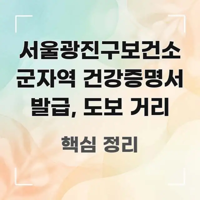 서울광진구보건소 군자역 건강증명서 발급, 도보 거리 흥미롭게 구성한 핵심 요약 디자인 카드 - 글 흐름을 돕는 시각 자료